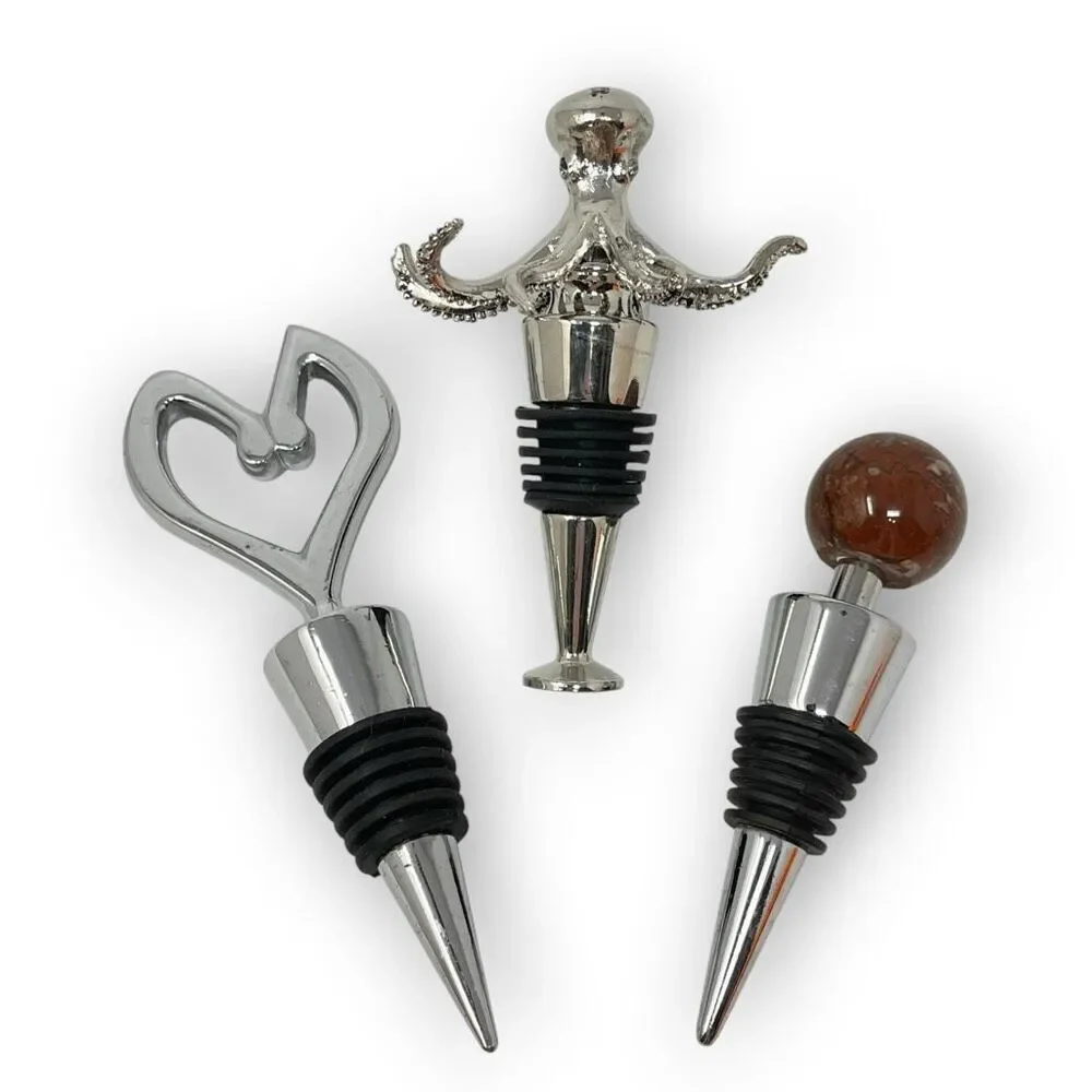 Metal & Stone Wine Bottle Stopper Lot of 3 Metal Octopus & Heart Stone Ball